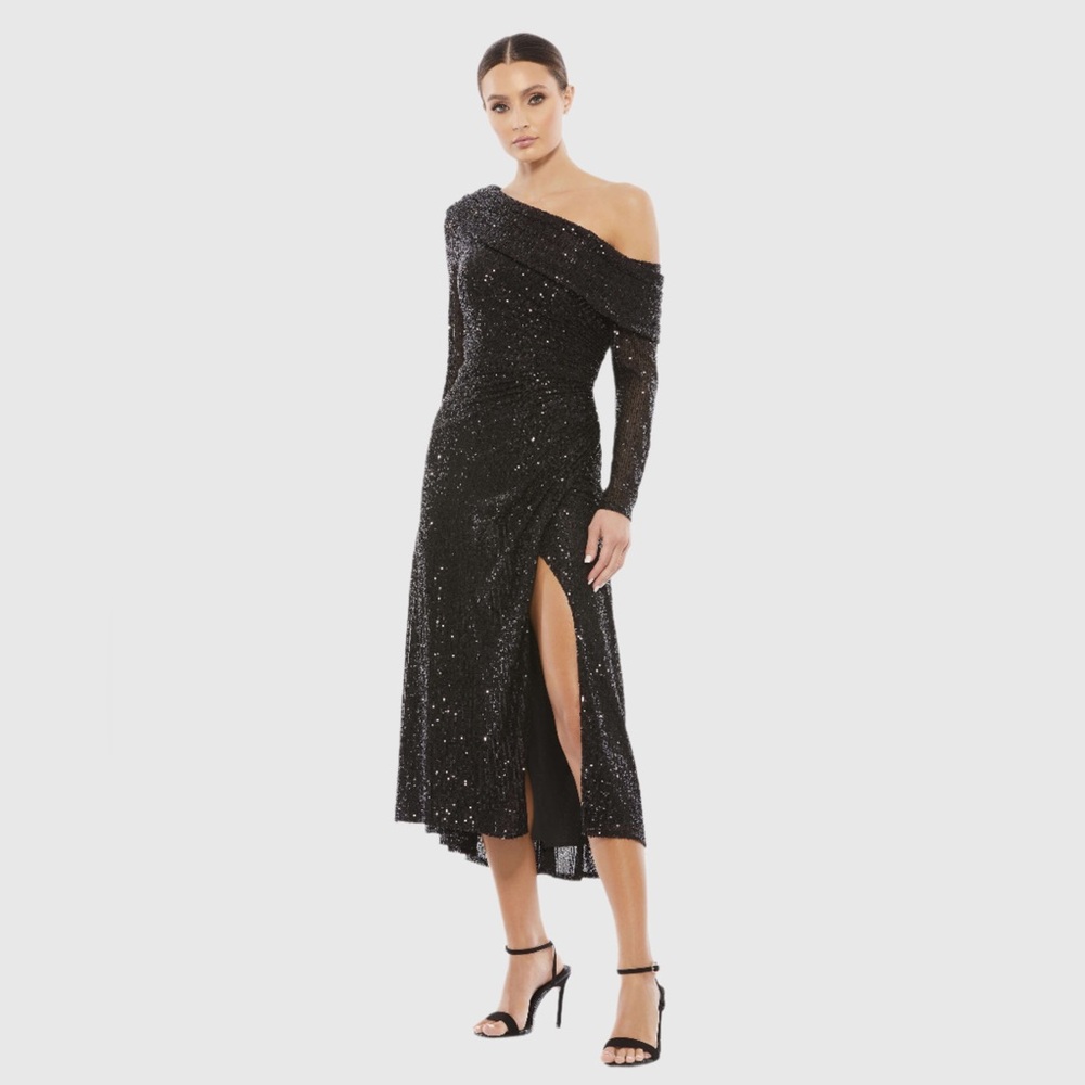 Mac Duggal - One Shoulder Sequin Long Sleeve Midi Dress